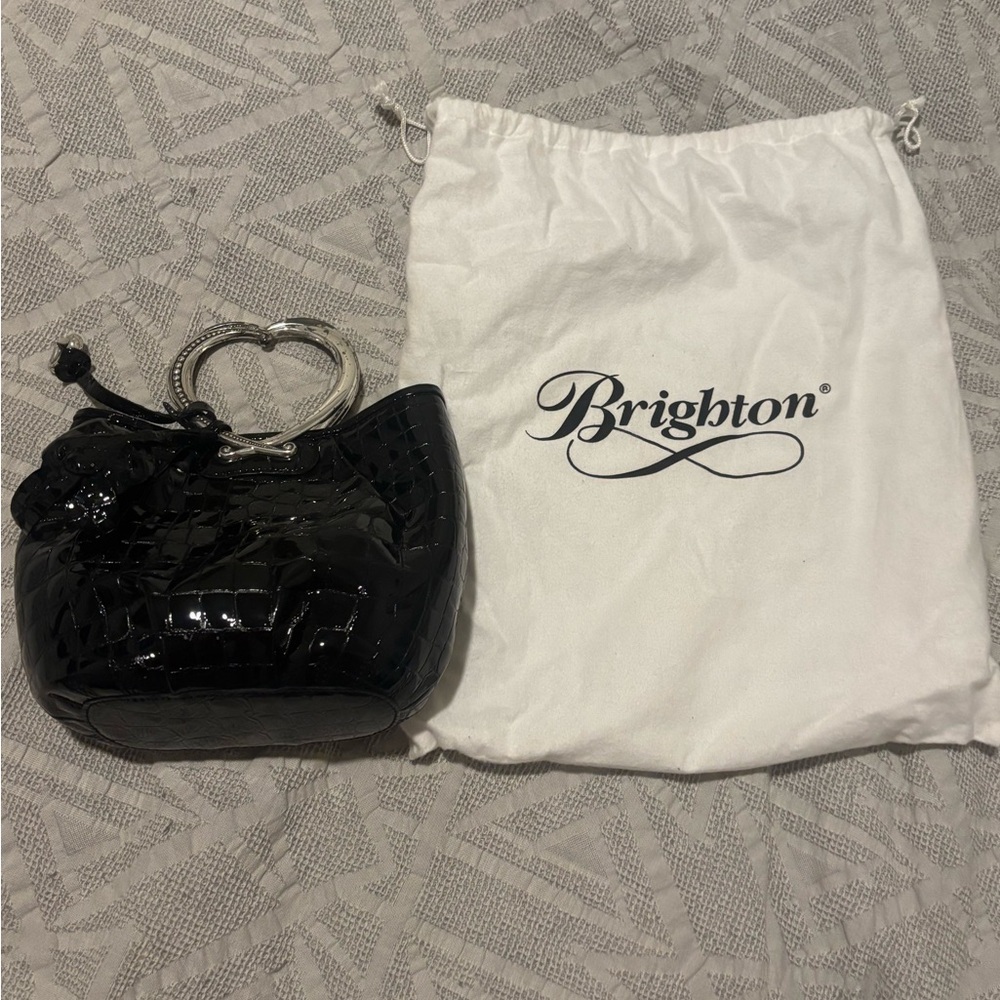 Brighton Angelina Patent Leather Heart Shaped Handle Handbag Purse Black